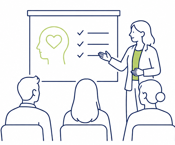 Workplace wellbeing training session with a facilitator presenting mental health and wellbeing guidance