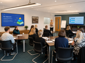 Mental health consultancy training session with a facilitator presenting workplace wellbeing guidance
