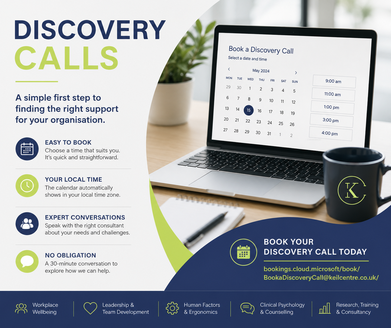 Discovery Calls at The Keil Centre for organisations seeking support with workplace wellbeing, human factors, leadership and psychology services