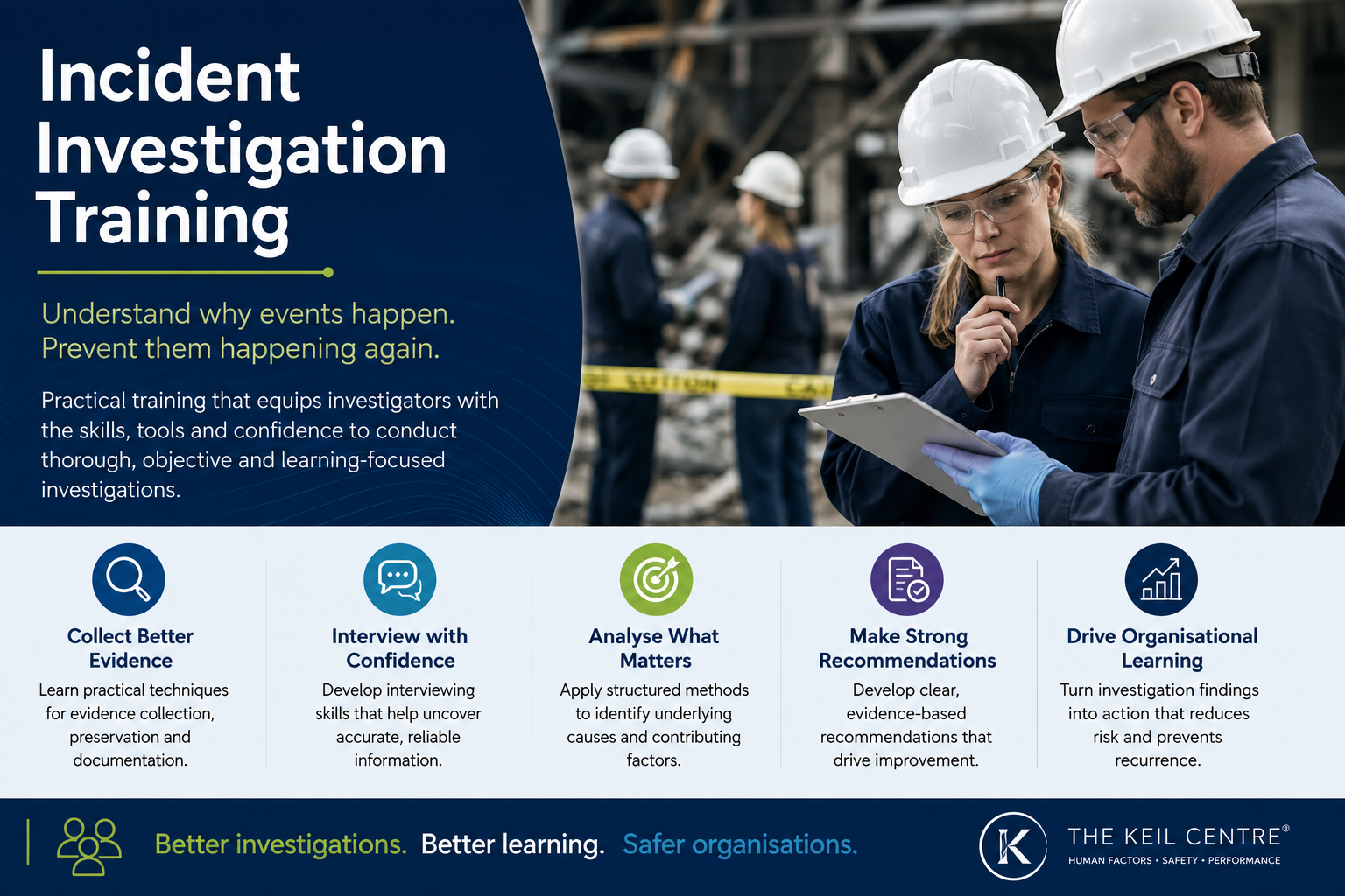 Incident investigation training for safety teams reviewing evidence and learning from workplace incidents